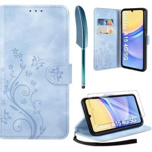 Samsung Galaxy A15 5g / 4g Pu Leather Case Cover + Screen Protector Flip Cover With Card Slots - Fog Blue - Neuf