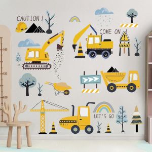 Stickers Muraux Enfants,Tracteurs Decoration Chambre Bebe Garcon,Autocollant Mural Enfant Chantier,Deco Chambre Bebe Voiture,Bulldozer,Excavatrice,Camion,Grue - Neuf