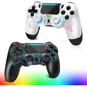 Lot De 2 Manettes Sans Fil Pour Ps-4, Design Craquel&eacute; Avec Lumi&egrave;re Rvb, Batterie 1000 Mah, Prise Audio 3,5 Mm, Manette De Jeu Avec Double Vibration/Capteur Gyroscopique 6 Axes/Panneau Tactile - Neuf