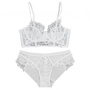 Ensemble Soutien-Gorge Et Culotte En Dentelle Florale, Bretelles Reglables, Col En V, Transparent, Pour Femme, Blanc, 80c - Neuf