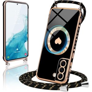 TRAHOO-Coque Magn&eacute;tique pour Samsung Galaxy S22 5G Coque Silicone Galvanis&eacute; Mignon &Eacute;tui Bumper Case Compatible avec Magsafe avec Cordon/Collier R&eacute;glable Tour de Cou Lani&egrave;re Corde,Noir - Neuf