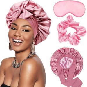 JGD-Ensemble de bonnet de nuit en satin pour femme, bonnet de nuit en satin, bonnet de nuit, masque en corde &agrave; cheveux, bonnet en soie r&eacute;glable, Rose, Taille unique - Neuf
