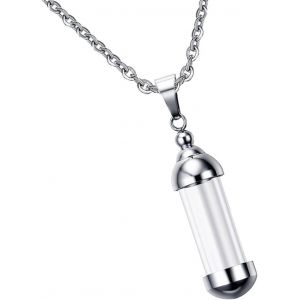 Kal-Collier Pendentif Balle Tube Bouteille En Verre Transparent Ouvrir Recipient Contenant Militaire Acier Inoxydable Avec Chaine - Neuf