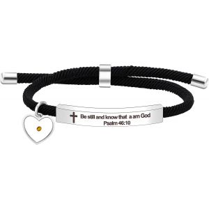 Kal-Religious Bible Verse Bracelet For Women Girls Christian Encouragement Gift, Black String Stainless Steel Engraved Plate Bar Bracelet - Neuf