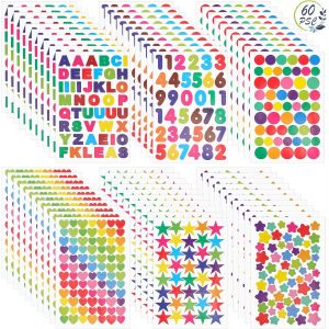 Tianyi-60 Feuilles Gommettes Autocollantes, 3240 Pièces Gommettes Scrapbooking, Motif Coeur Étoile Lettre Nombre Pois Autocollants Colorés, Pour Activités Manuelles Photo Cadeau Scrapbooking - Neuf