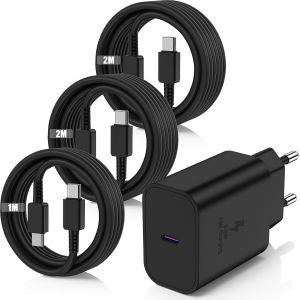 JGD-45W Super Chargeur USB C Rapide pour Samsung Galaxy S25+,S25 Ultra,S24+,S24 Ultra,S23+,S23 Ultra, S22,S21,Note20,A54,A53,Z Fold5,Flip5,Fold4,Tab S8 Ultra, Adapteur Type C avec 1M+2M+2M C&acirc;ble USB - Neuf