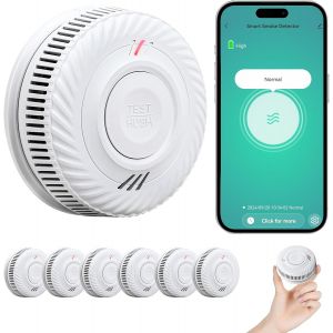 D&eacute;tecteur de Fum&eacute;e WiFi avec 10-Ans Batterie, Intelligent Alarme Incendie avec Capteur Photo&eacute;lectrique Conforme &agrave; la Norme EN14604, Compatible avec Tuya/Smart Life APP, 6St - Neuf