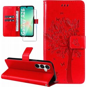 Sansh-Coque Pour Samsung Galaxy A26 5g Etui Portefeuille Cuir Avec Verre Trempé Motif Porte Carte À Rabat Clapet Housse Protection Flip Case Étui Coque Pour Samsung Galaxy A26 5g-Rouge - Neuf