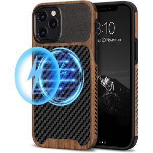 Maa-Coque Magnétique Compatible Avec Iphone 12 Pro Max Etui Hybride En Bois Et Carbone Et Cuir Compatible Avec Magsafe (Noir) - Neuf