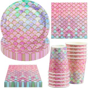 Sjzg-Lot De 40 Vaisselle De Fête Au Motif De Sirène - Décoration D'anniversaire - Avec Assiettes En Carton - Gobelets Et Serviettes - Accessoires De Vaisselle Pour 10 Invités - Neuf