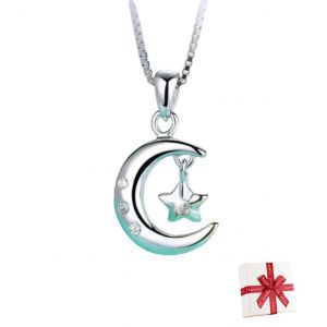 Collier Meilleur Pendentif Zircon Étoile Lune Puissance Clapet Fermoir Femme Argent 925 - Neuf