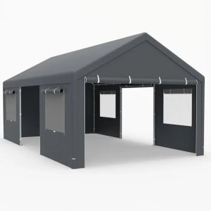 Abri De Rangement Pour V&eacute;los 361 X 600 Cm Costway-Fen&ecirc;tres Ventil&eacute;es &Agrave; Enroulement-Parois Lat&eacute;rales-Portes Amovibles-B&acirc;che Pe-Gris - Neuf