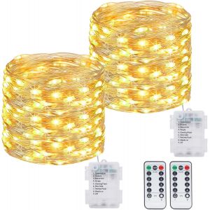 lbgwp60-Guirlande Led À Pile Lot De 2 12M 120Led A Pile Avec Télécommande, Étanche Pour Décor Noël Mariage Anniversaire Fête Chambre Jardin Blanc Chaud - Neuf