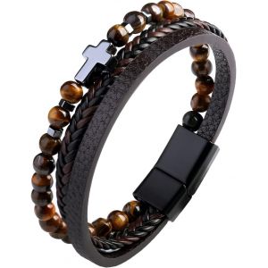 Eryi-Bracelet Homme, Bracelet En Cuir Véritable Pour Hommes, Bracelet Viking Arbre De Vie, Bracelet En Pierre Naturelle Tressée, Avec Fermoir, Noir/Brun (1pcs) - Neuf