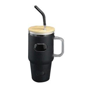 Verre de 32 oz avec couvercle et paille,bouteilles d'eau en verre avec poign&eacute;e,tasse en verre avec manchon en silicone,tasse - Neuf