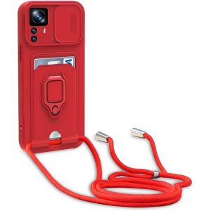 Kal-Coque Compatible Avec Xiaomi Mi 12t/Mi 12t Pro,Réglable Lanyard Case,Avec Curseur De Caméra Protection, Avec Carte Fentes,Anneau Support,Silicone Collier Case (Rouge) - Neuf
