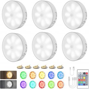 6 Packs Dimmable Lampe Detecteur Mouvement [Avec T&eacute;l&eacute;commande], 12 Couleurs 3 Modes, Veilleuse Led Automatique Rechargeable Par Usb, Batterie Rechargeable 1000mah, Pour L'armoire, L'escalier - Neuf