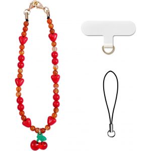Kal-Chaîne De Téléphone Portable Universelle Avec Perles Rouges -Dragonne Pour Téléphone Portable -Pendentif Court Pour Téléphone Portable -Cerise - Neuf