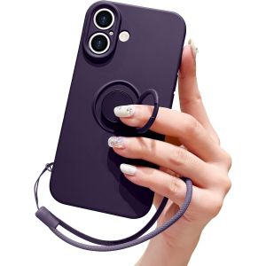 KAL-Compatible Avec Iphone 16 Coque En Silicone Liquide Avec Anneau De Support B&eacute;quille Support De Voiture Magn&eacute;tique Dragonne D&eacute;tachable Antichoc Housse De Protection Souple-Violet Fonc&eacute; - Neuf