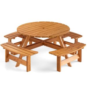 Ensemble Table De Pique-Nique Rond 110 X 70 Cm Avec 4 Bancs Int&eacute;gr&eacute;s Pour 2 &Agrave; 8 Personnes En Bois Jaune Helloshop26 20_0011989 - Neuf