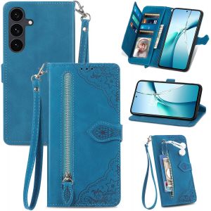 JGD-Coque pour Samsung Galaxy S25 FE, &Eacute;tui Housse en Cuir PU &agrave; Rabat avec Porte Carte, Chiusura Magn&eacute;tique [Motif de Fleur] Flip Cover Int&eacute;rieure en Silicone Case Antichoc Portefeuille, Bleu - Neuf