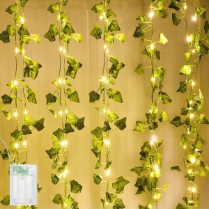 KAL-Guirlande Lumineuse En Lierre Artificiel, 10 M, 100 Led Avec Guirlande Lumineuse À Piles, Guirlande De Lierre Artificielle Étanche Pour Chambre À Coucher, Guirlande Lumineuse À Suspendre Pour - Neuf