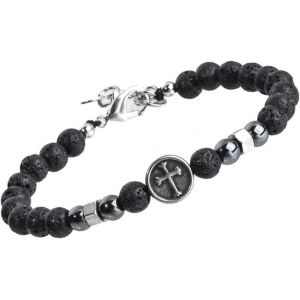 Kalanka-Bracelet Homme Avec Croix Et Pierre De Lave Noire 6mm - Cadeau Pour Hommes En Véritables Pierres Naturelles - Noir - Moderne - Neuf