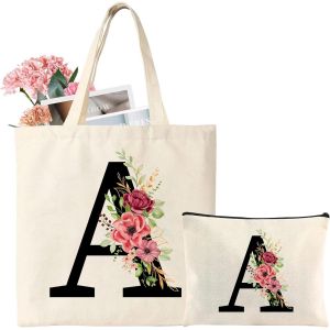 Sjzg-Sac Fourre-Tout En Toile Avec Initiale, Sac Cadeau Personnalis&eacute; Avec Trousse De Maquillage Florale, Adapt&eacute; Pour Mariage, Anniversaire, Plage, Vacances, Excellent Cadeau Pour Femme, Maman - Neuf