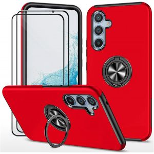 Kal-Coque Pour Samsung Galaxy S24+ Plus 5g (6.7") Et 2 Pièces Verre Trempé Housse Etui Support De Bague Résistant Aux Chocs Résistant Aux Rayures Pc Silicone Heavy Duty Robuste Durable- Rouge - Neuf