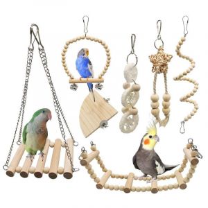 Jouets Pour Oiseaux, Lot De 7 Jouets À Mâcher En Bois Naturel Pour Perroquet, Clochette À Suspendre, Balançoire Pour Cage À Oiseaux, Convient Pour Pinsons, Petites Perruches Et Autres - Neuf