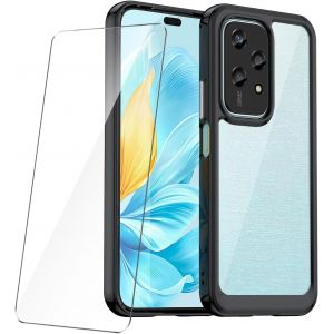 CAUC-Verre tremp&eacute; pour Honor 200 Lite (6.7") Coque Noir + Protection D'&eacute;cran Film Protecteur - &Eacute;tui avec Cadre en Silicone Souple TPU et Dos Dur Transparent Housse Case Cover - Neuf