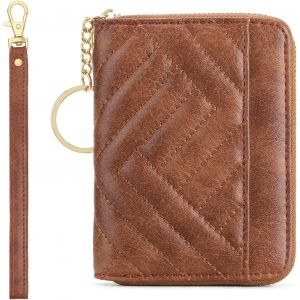 CAUC-Petit portefeuille en cuir pour femme avec blocage RFID, porte-cartes compact &agrave; deux volets avec poche zipp&eacute;e pour pi&egrave;ces de monnaie, marron clair, S, Classique - Neuf