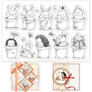 Charmant Pot De Fleurs Animal Tampons Clairs Lapin H&eacute;risson Chat Souris Tampons Transparents En Silicone Pour Le Bricolage Scrapbooking Album Photo Et La Fabrication De Cartes D&eacute;coration - Neuf