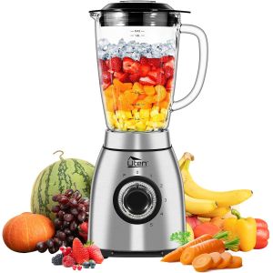 Blender &agrave; Smoothie 2 L, Mixeur de Cuisine 1800 W, Impulsion et 5 Vitesses, Mixer sur Pied avec Bocal en Verre, Bo&icirc;tier en Acier Inoxydable, Lame &agrave; 6, pour Milkshakes, Grains de Caf&eacute; Moulus - Neuf