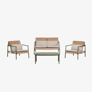 Ensemble De Jardin Avec Canap&eacute; 2 Places, 2 Fauteuils Et Table Basse En Aluminium Et Rotin Synth&eacute;tique Duroli Vert Olive Intense - Neuf