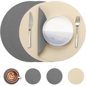 ERYI-Set De Table Lot De 4, 38Cm Set De Table Cuir Et Dessous De Verre Double Face Set De Table Lavable Imperméables Set De Table Rond Plastique Dessous De Table (Gris & Froment) - Neuf