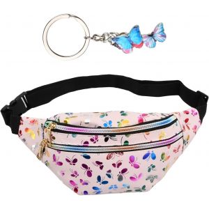 SJZG-Sac Banane Fille Avec D&eacute;coration Papillon Sac De Taille R&eacute;glable Avec Pendentif Papillon Porte-Cl&eacute;s Pour Enfants Sacoche Banane Ville Imperm&eacute;able Cuir Pu Pour Voyage (Rose) - Neuf