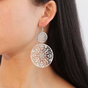 Kal-Boucles D'oreilles Boho Filigrane Disque Creux Dangle Goutte Boucles D'oreilles D&eacute;claration Crochet Boucles D'oreilles Mariage Demoiselle D'honneur Bijoux Les Femmes Et Les Filles (Argent) - Neuf
