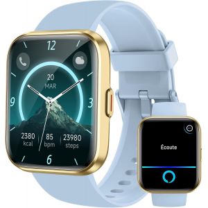 Montre Connectée Femme Homme Appel Bluetooth, 1.8"" Smartwatch Avec Alexa Intégré, Moniteur De Sommeil Cardiofréquencemètre Spo2, Etanche Ip68 Montre Avec 100 Sportifs Pour Android Ios, Bleu Pâle - Neuf