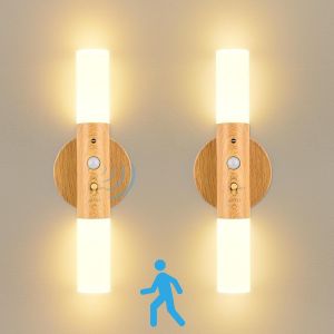 Applique Murale Interieur 2pcs, Lampe Murale Led Detecteur De Mouvement Sans Fil Pile, Interieur Applique Murale Bois, 360° Lampe De Chevet Pour Chambre À Coucher Avec Port De Charge Usb (Bois) - Neuf