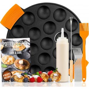 Jexnovashop-Po&ecirc;le &Agrave; Pancakes Et Mini Cr&ecirc;pes En Fonte - 19 Mini Cr&ecirc;pes - Pinceau &Agrave; Beurre, Fourchette R&eacute;versible, 6 Fourchettes, Bouteille De P&acirc;te, Poign&eacute;es Incluses - Neuf