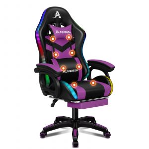 ALFORDSON Chaise Gaming Chaise de Bureau avec LED et Massant 8 Points Violet - Neuf