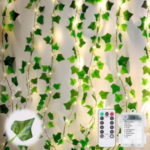 KAL-Guirlande Lumineuse En Lierre Artificiel 10 M, Guirlande Lumineuse En Faux Lierre Avec 100 Led, Guirlande Lumineuse À Piles Avec Télécommande, 8 Modes Pour La Décoration De La Chambre, Du Jardin - Neuf