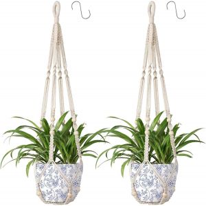 Lot De 2 Suspensions Pour Plantes D'int&eacute;rieur En Macram&eacute;-Corde En Coton Avec Perles De Bois-Support Mural Pour Pot De Fleurs Avec 2 Crochets Pour Ext&eacute;rieur,Jardin,D&eacute;coration - Neuf