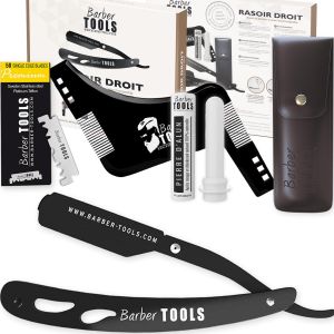 Nsiecd-Kit De Rasage - Rasoir Barbe - Rasoir Homme - Coupe Choux Barbe - Avec 50 Lames Simples (Lame De Rasoir) + Chiffon + Stick D'alun + &Eacute;tui De Rangement + Peigne Guide Pour Rasage -Noir- Barber T - Neuf