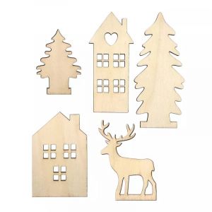 D&eacute;cors De No&euml;l En Bois Pour Socle D&eacute;co 6,4 &Agrave; 11,5 Cm 5 Pi&egrave;ces - Neuf