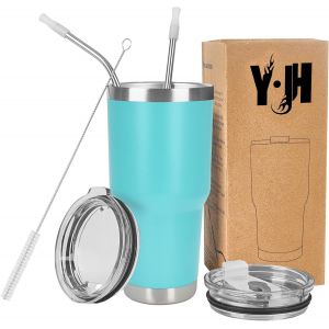 Eryi-30oz (850ml) Gobelet De Voyage Tasse À Café À Paroi Double Isolée Sous Vide Acier Inoxydable,Avec 2 Couvercles Anti-Éclaboussures, 2 Pailles Et Brosse De Canalisation, Sans Bpa - Turquoise - Neuf