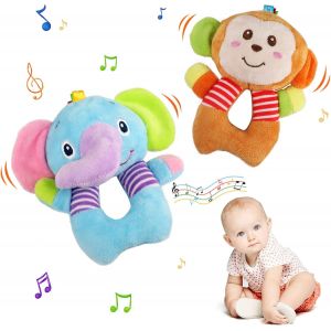 TDRFL-Hochet Bébé Jouet,2 Pièces Jouet Peluche Bébé Singe Elephant,Sensorielle Animale Doux Peluche,Poussette Jouet,Cadeau Naissance Pour 0-12 Mois Bébé Garçon Fille (Eléphant,Singe) - Neuf