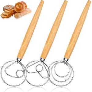 Tianyi-Lot De 3 Fouets Danois - Fouet Danois De 33 Cm Avec Manche En Bois - Fouet &Agrave; P&acirc;te Danoise - M&eacute;langeur &Agrave; P&acirc;te - Accessoire De Cuisson Pour P&acirc;tisserie, Pain, Levain, P&acirc;tisseries, Jeu A - Neuf