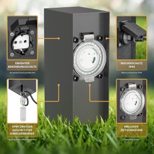 Garten Colonne de Prises de Courant PIWI avec Piquet de Terre pour l'ext&eacute;rieur, IP44, 2X, Acier Inoxydable, Anthracite, carr&eacute;, 30 cm - Neuf